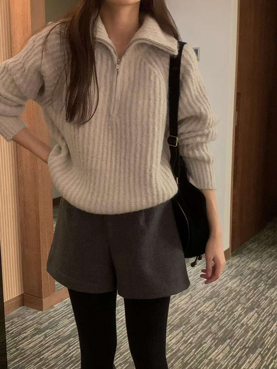 拉鍊高領寬鬆針織毛衣