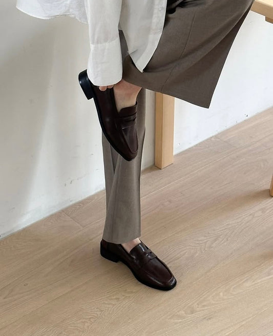 Square-toe soft leather loafers