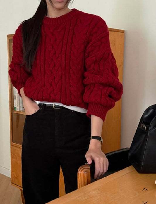 紅色麻花針織毛衣