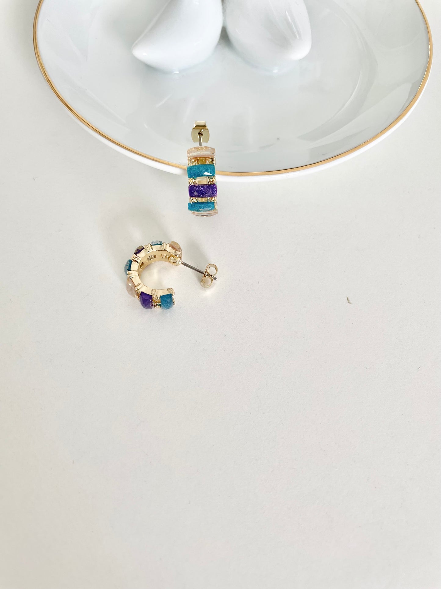 Purple and blue color-blocked earrings