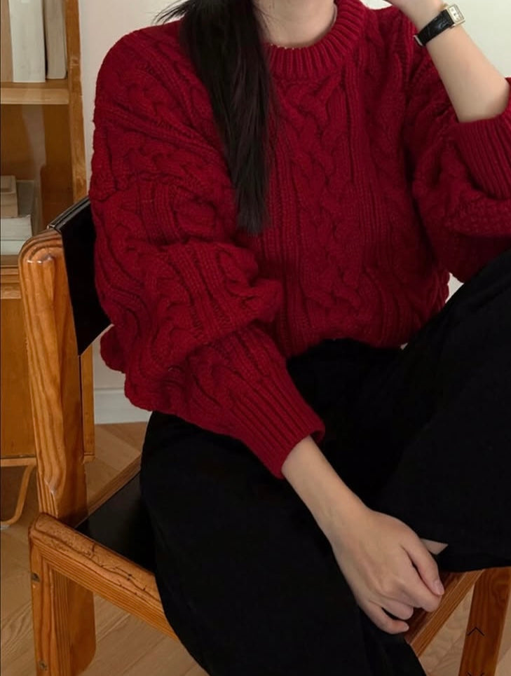 紅色麻花針織毛衣