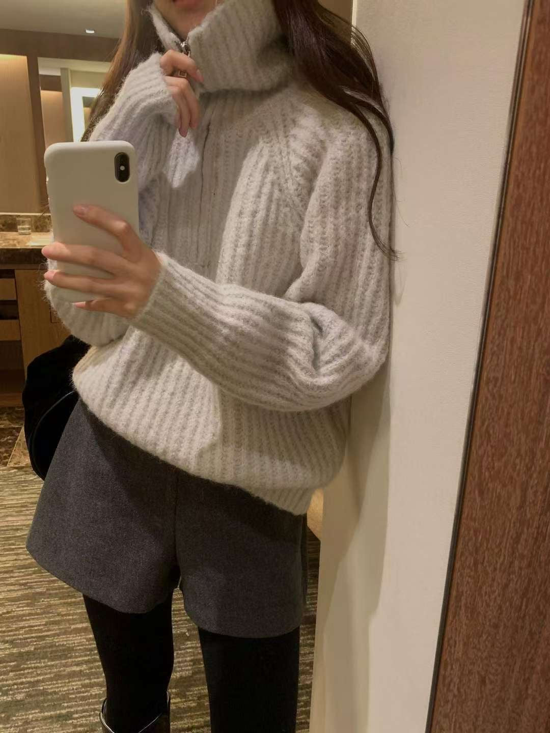 拉鍊高領寬鬆針織毛衣