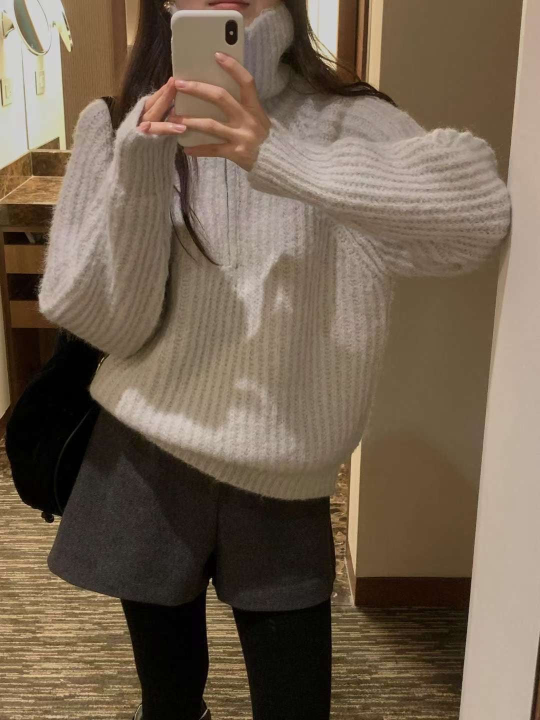 拉鍊高領寬鬆針織毛衣