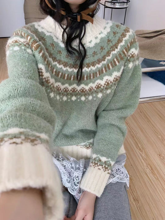 北歐風圓領長袖針織毛衣