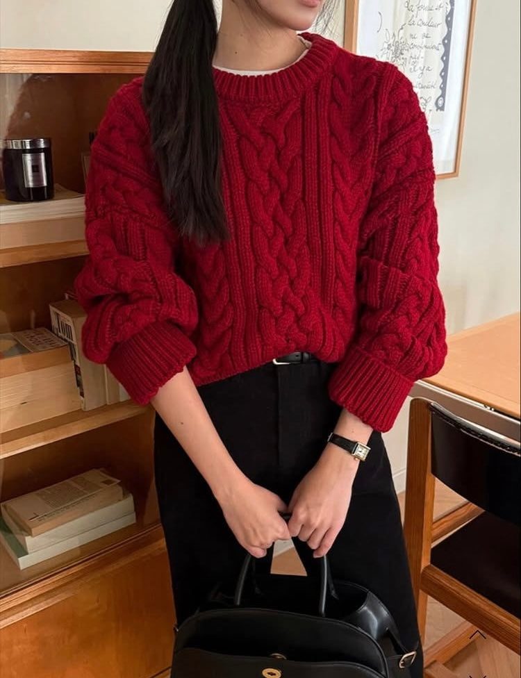 紅色麻花針織毛衣