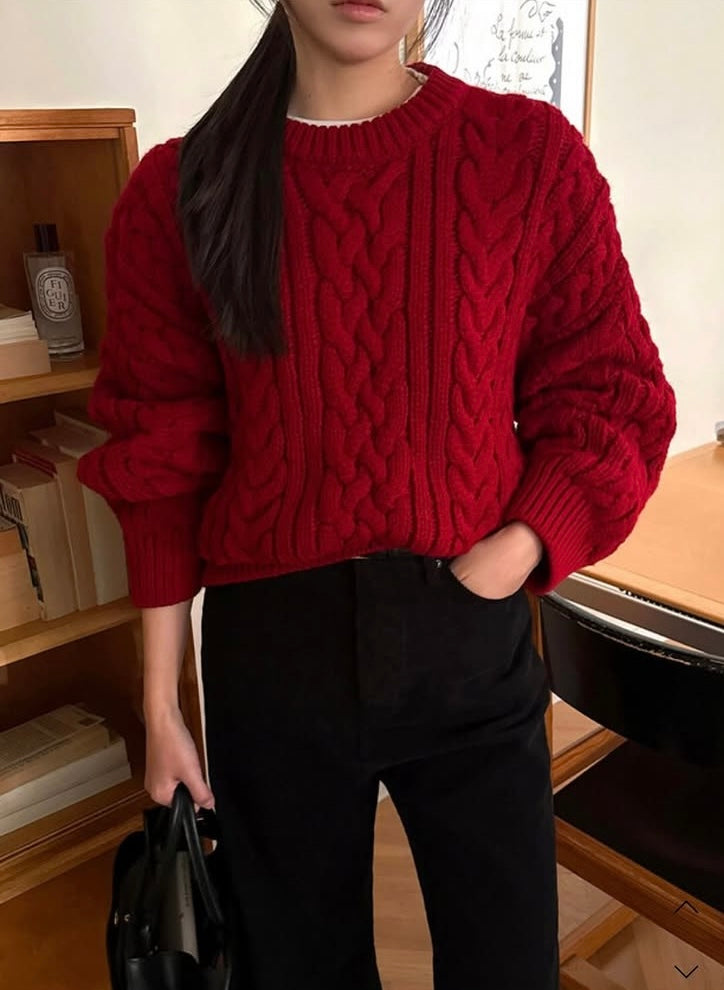 紅色麻花針織毛衣