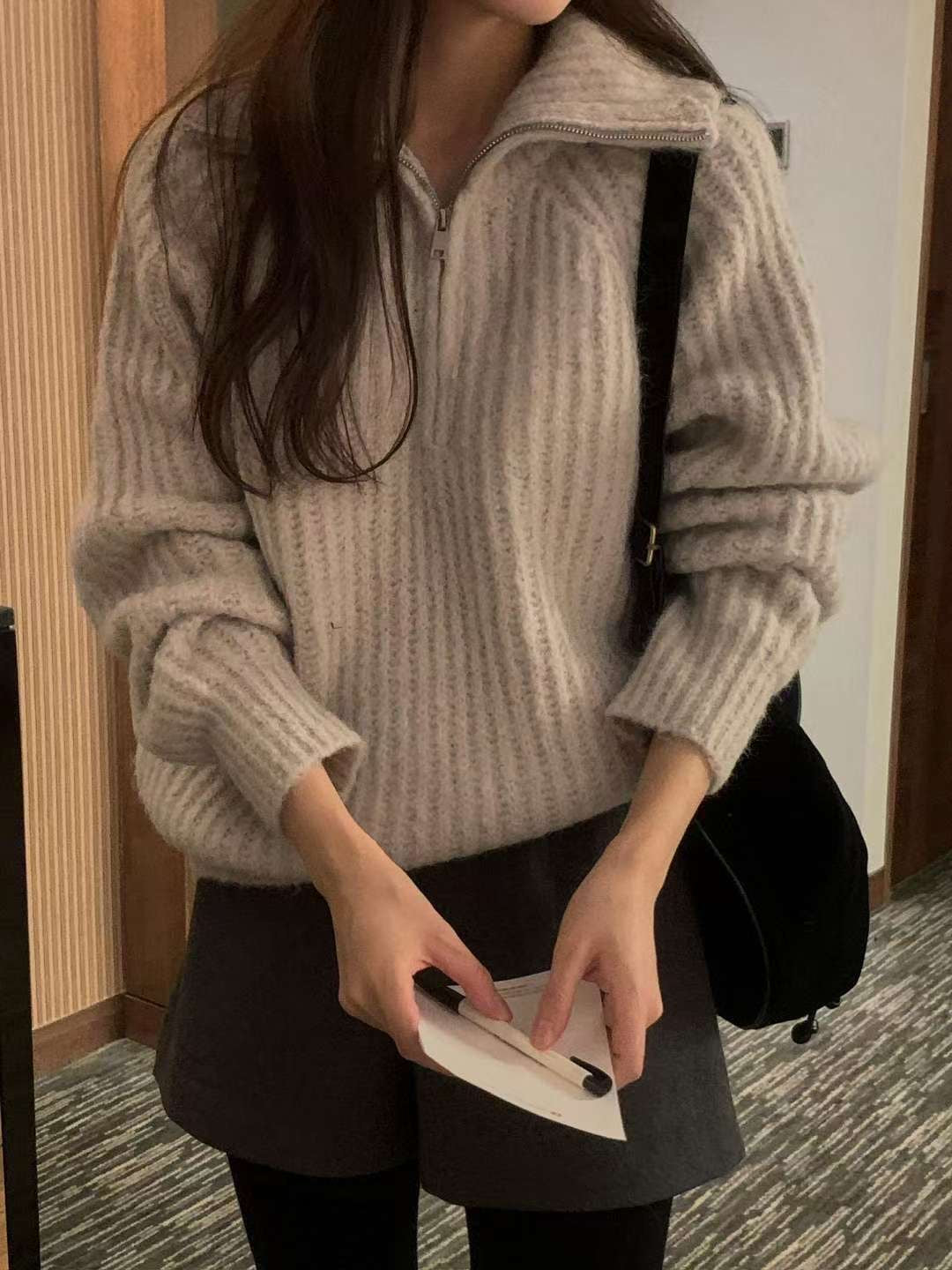 拉鍊高領寬鬆針織毛衣